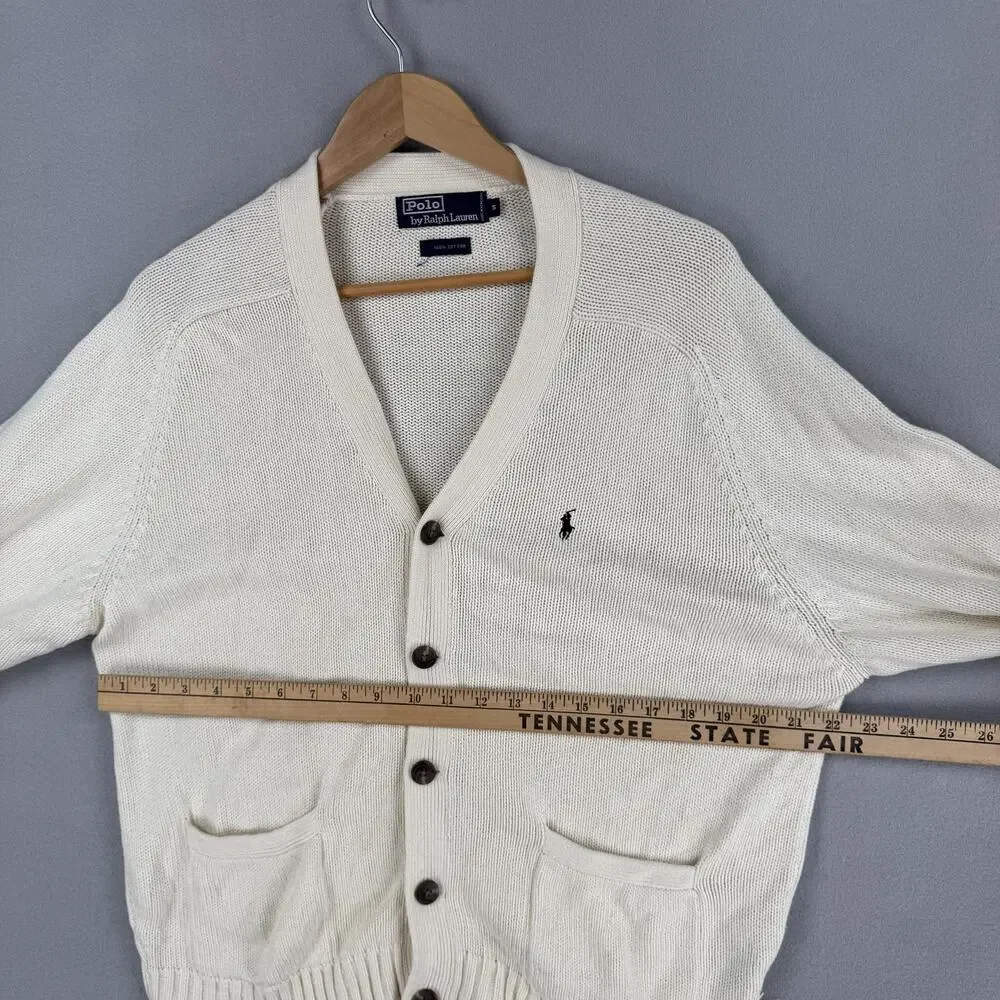 Vintage Polo Ralph Lauren Sweater Mens Small White Cotton V Neck Knit Cardigan
